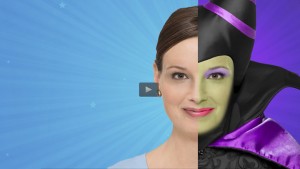 photo of woman's face half covered by the same face transformed to resemble the Disney character Maleficent from the movie of the same name using the Disney Side App