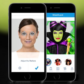 photo of side-by-side smartphones showing before and after transforming a woman's face into the face of Disney character Maleficent from the movie of the same name using the Disney Side App