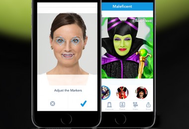 photo of side-by-side smartphones showing before and after transforming a woman's face into the face of Disney character Maleficent from the movie of the same name using the Disney Side App