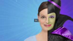 photo of woman's face half covered by the same face transformed to resemble the Disney character Maleficent from the movie of the same name using the Disney Side App