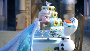 still from animated short Frozen Fever showing Elsa and Olaf discussing huge blue birthday cake that has a nibble taken out of it