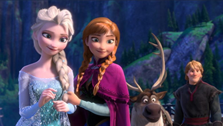 still from the animated movie Frozen featuring Frozen's Elsa, Anna, Sven the moose, and Krstoff