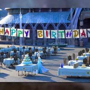 still from animated short Frozen Fever showing Elsa and Kristoff in a huge reception hall decorated with large hanging letters Happy Birthday Anna