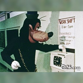 photo of life-size Goofy character punching his timecard in a time clock at work