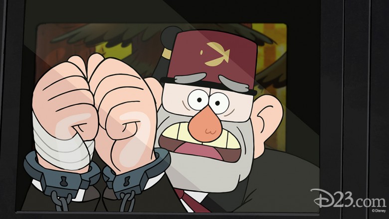 still from animated series Gravity Falls showing character Grunkle Stan Handcuffed