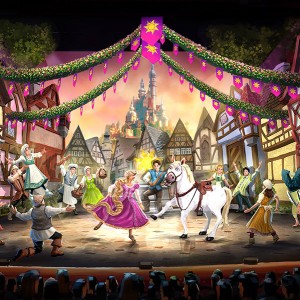 illustrated stage scene from the animated feature Tangled showing Rapunzel dancing center stage with a white horse