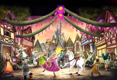 illustrated stage scene from the animated feature Tangled showing Rapunzel dancing center stage with a white horse
