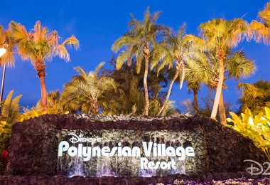 sunset photo of entrance sign of DIsney Polynesian Village Resort
