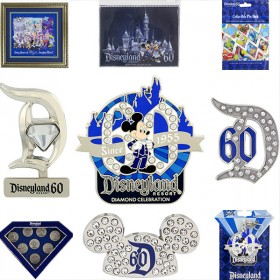 photo layout of selection of Disneyland Diamond Celebration Pins some featuring the number 60