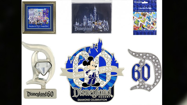 photo layout of selection of Disneyland Diamond Celebration Pins some featuring the number 60