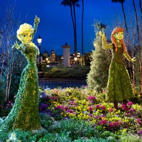 photo of elaborate topiary figures affecting Disney and Pixar characters at EPCOT flower and garden festival