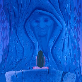 frame from animated feature Pocahontas showing eponymous character seated before a huge face appearing the wall of a cave
