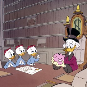 cel from cartoon featuring Scrooge McDuck discussing a piggy bank with Huey, Louie, and Dewey