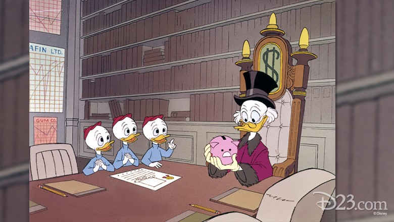 cel from cartoon featuring Scrooge McDuck discussing a piggy bank with Huey, Louie, and Dewey