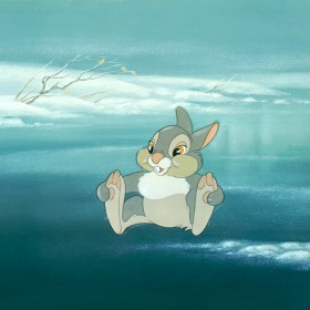 cel from movie Bambi showing Thumper rabbit sitting holding his feet
