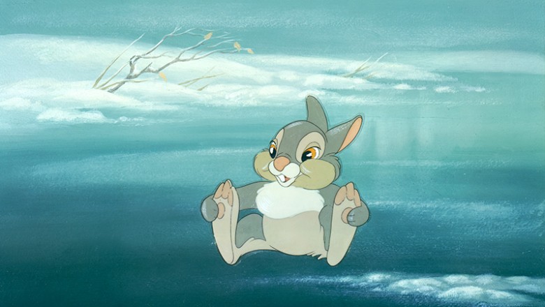 cel from movie Bambi showing Thumper rabbit sitting holding his feet