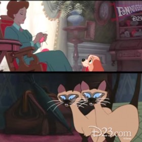 three cels from animated feature The Lady and the Tramp