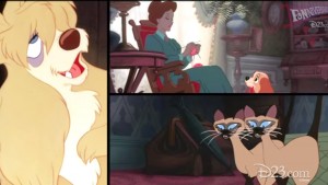 three cels from animated feature The Lady and the Tramp