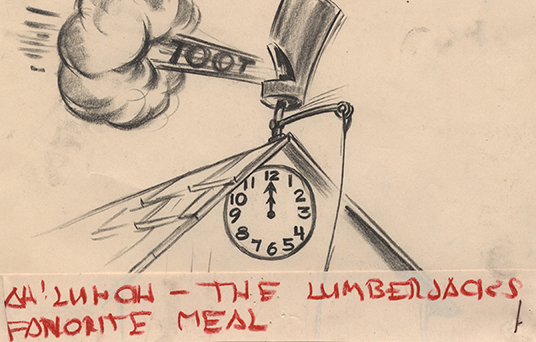 sketch of steam whistle blowing lout toot above a clock that reads twelve o-clock