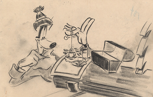 sketch of Goofy still stuck in the hollow log with the saw blade stopped at edge happily pausing to eat his lunch and dunk a tea bag in a tea cup
