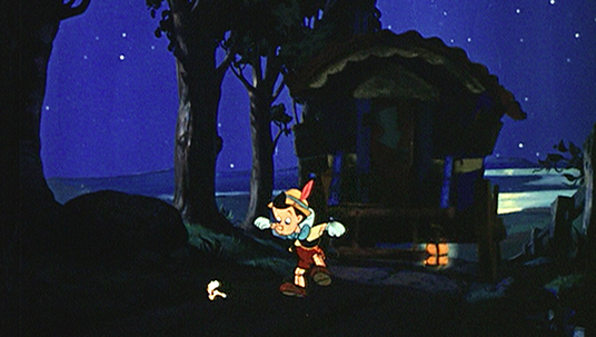 Pinocchio and Jiminy Cricket escape Stromboli's wagon