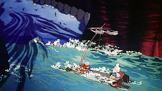 Pinocchio and Geppetto push the raft toward the whale's mouth