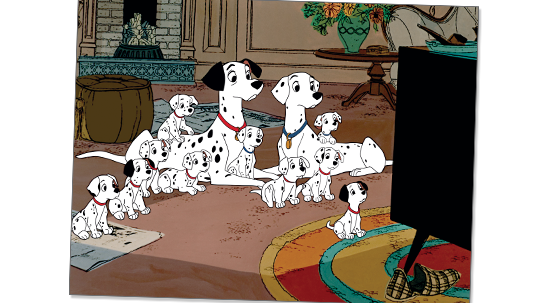 frame from One Hundred and One Dalmatians showing family of Dalmatians all watching TV with great interest