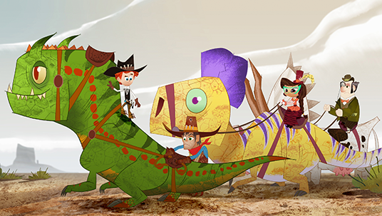 illustration of cartoon character Penn Zero riding a giant lizard with his friends in the desert