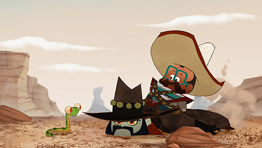 illustration of cowboy hat-wearing characters half buried in the desert dust talking to a bug-eyed green and yellow snake