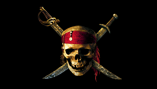 photo of crossed-swords-behind-grinning-skull-wearing-red-bandana from Disney's Pirates of the Caribbean