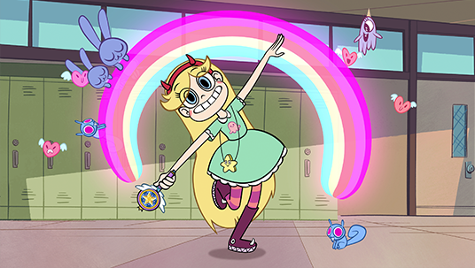 illustrated art of young girl from the animated series The Forces of Evil waving a scepter that produces a rainbow 