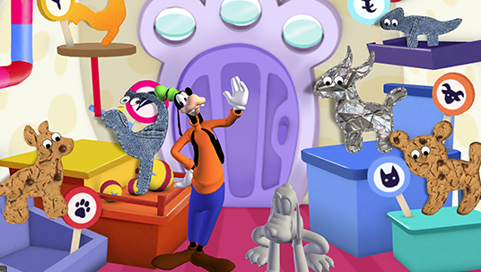 animated illustration of Goofy in a cartoon room filled with animal symbols, one of which resembles Pluto