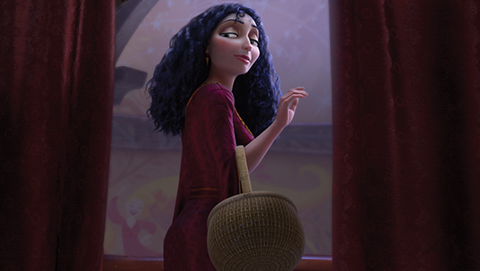 still from the animated movie Tangled featuring Mother Gothel character