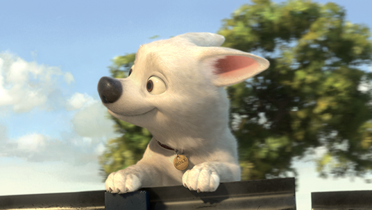 still frame from animated movie showing small dog named Bolt feeling the rush of wind on his face riding on a moving vehicle
