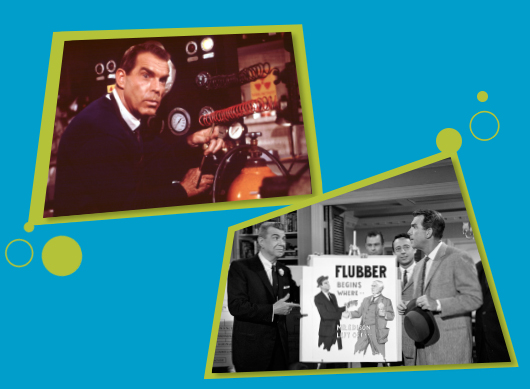 two production stills from the movie Son of Flubber showing star Fred MacMurray and actor Ken Murray