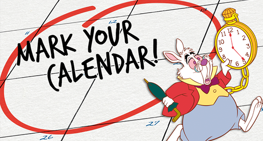 illustration of March Hare from Alice in Wonderland next to text mark your calendar