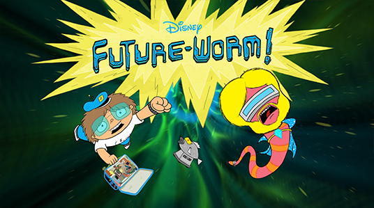 title art from Disney Future-Worm! showing a small boy and his worm flying through space