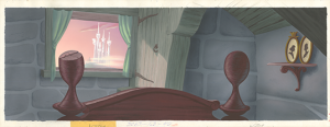 background painting of a bedroom chamber with wooden headboard and open window in gouache by a Disney Studio Artist.