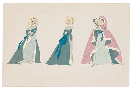 illustration of Cinderella in long dress and with a cape over the dress