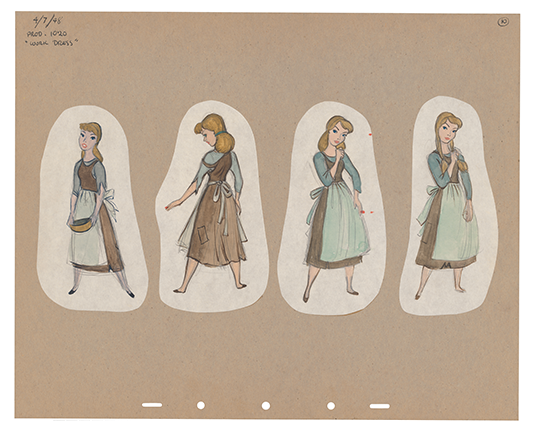 illustration in graphite, ink and gouache showing Cinderella in four poses wearing drab dress and apron doing chores