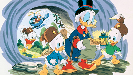 Scrooge McDuck with Huey, Louie, and Dewey all reading a treasure map as they enter a cave together