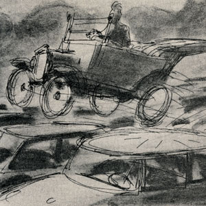 artist's sketched concept of flying jalopy passing over traffic jam