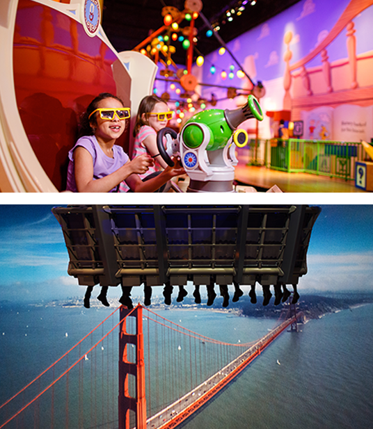 split photo of young girls playing Disney’s Hollywood Studios Toy Story Mania! attraction and EPCOT soaring over america attraction showing guests' feet dangling below ride seat in front of aerial view of Golden Gate Bridge