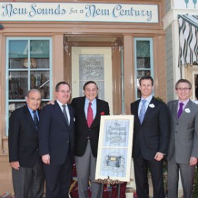 (Left to right) Disney Legend Marty Sklar, Disneyland President George Kalogridis, Richard M. Sherman, Walt Disney Parks and Resorts Chairman Tom Staggs and Disney Theatrical Productions President Thomas Schumacher at the window dedication for the Sherman Brothers at Disneyland on March 11.