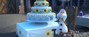 still from the animated short Frozen Fever featuring Olaf the Snowman beside a huge blue cake