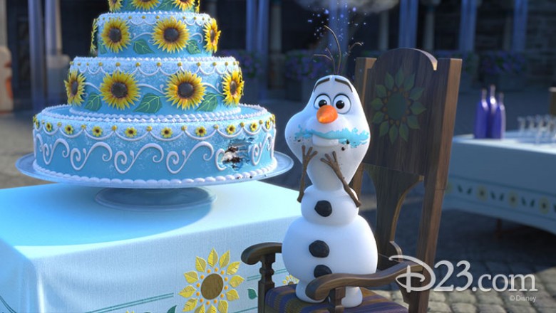 still from the animated short Frozen Fever featuring Olaf the Snowman beside a huge blue cake