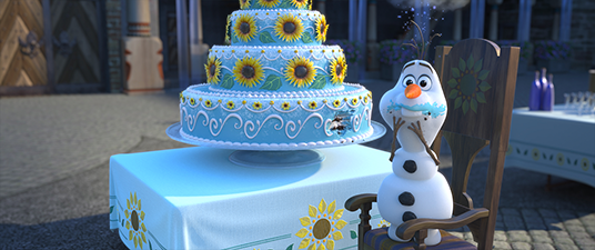 still from Frozen Fever featuring snowman Olaf and a huge cake