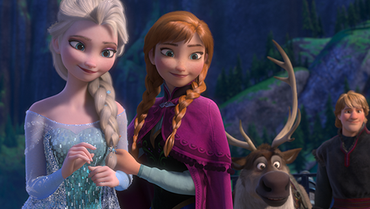 still from Frozen showing Elsa, Anna, Sven the moose, and Kristoff