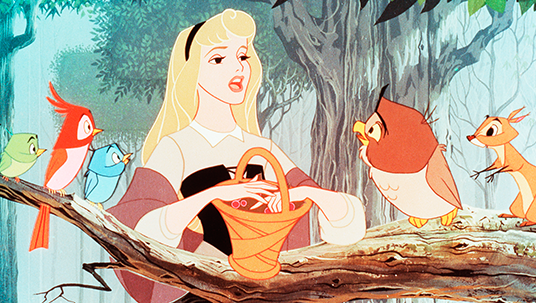 cel from original Disney animated movie Sleeping Beauty where blonde star talks to birds and animals in the forest