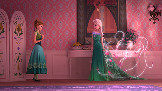 still from animated movie showing two women speaking together in a lavishly decorated room